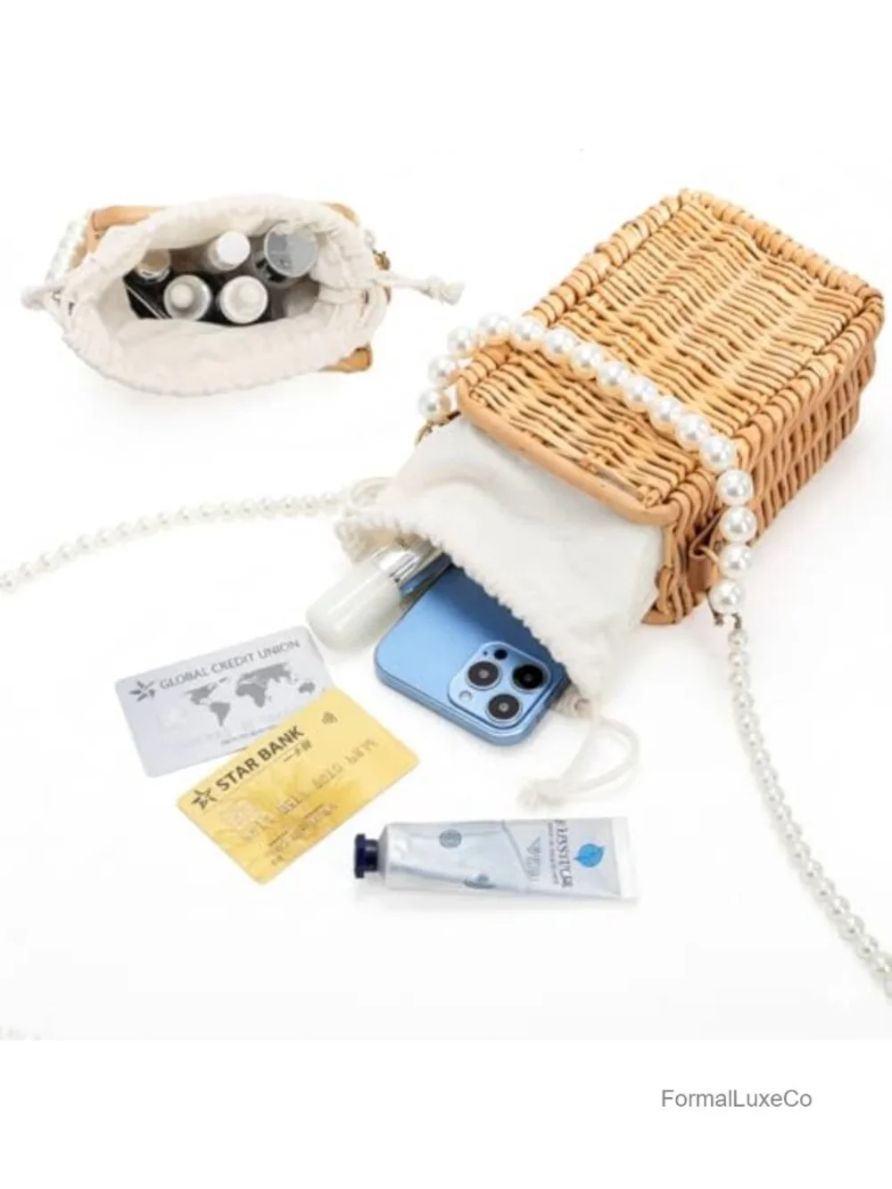 Handwoven Rattan Wicker Pearl Basket Purse Rectangular Beach Tote Straw Bag